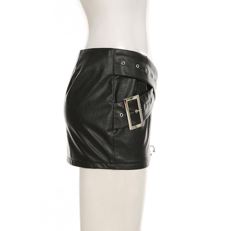 Women Heavy Leather V Low Waist Hip Personalised Punk Spice Girl Style Ring Buckle Decoration Cross Cock Eye Belt Short Skirt Suit