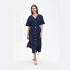 Women's V Neck Short Sleeve Midi Dress Loose Fit Elastic Waist Elegant Style Rayon Linen Blend A Line Dress With Button Belt
