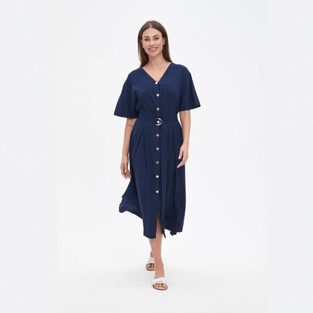 Women's V Neck Short Sleeve Midi Dress Loose Fit Elastic Waist Elegant Style Rayon Linen Blend A Line Dress With Button Belt