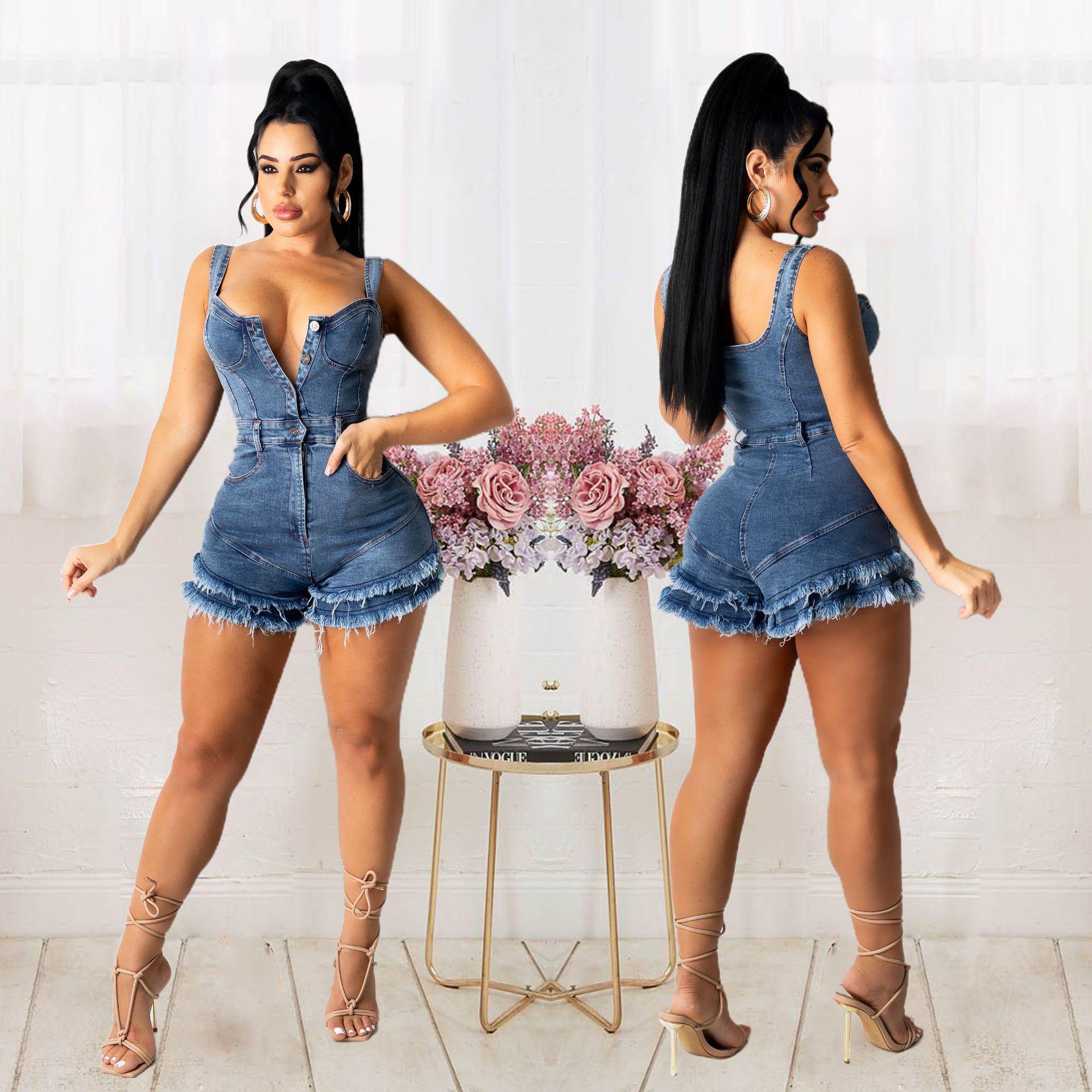 

European and American Women s Slim Fit Raw Hem Fringed Denim Jumpsuit Extra Large джинсовый синий