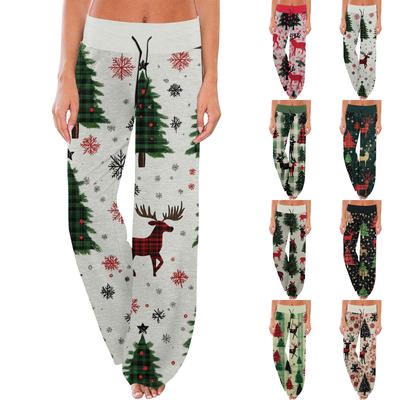 Moda feminina casual confortável pijama calças natal impressão cordão calças largas