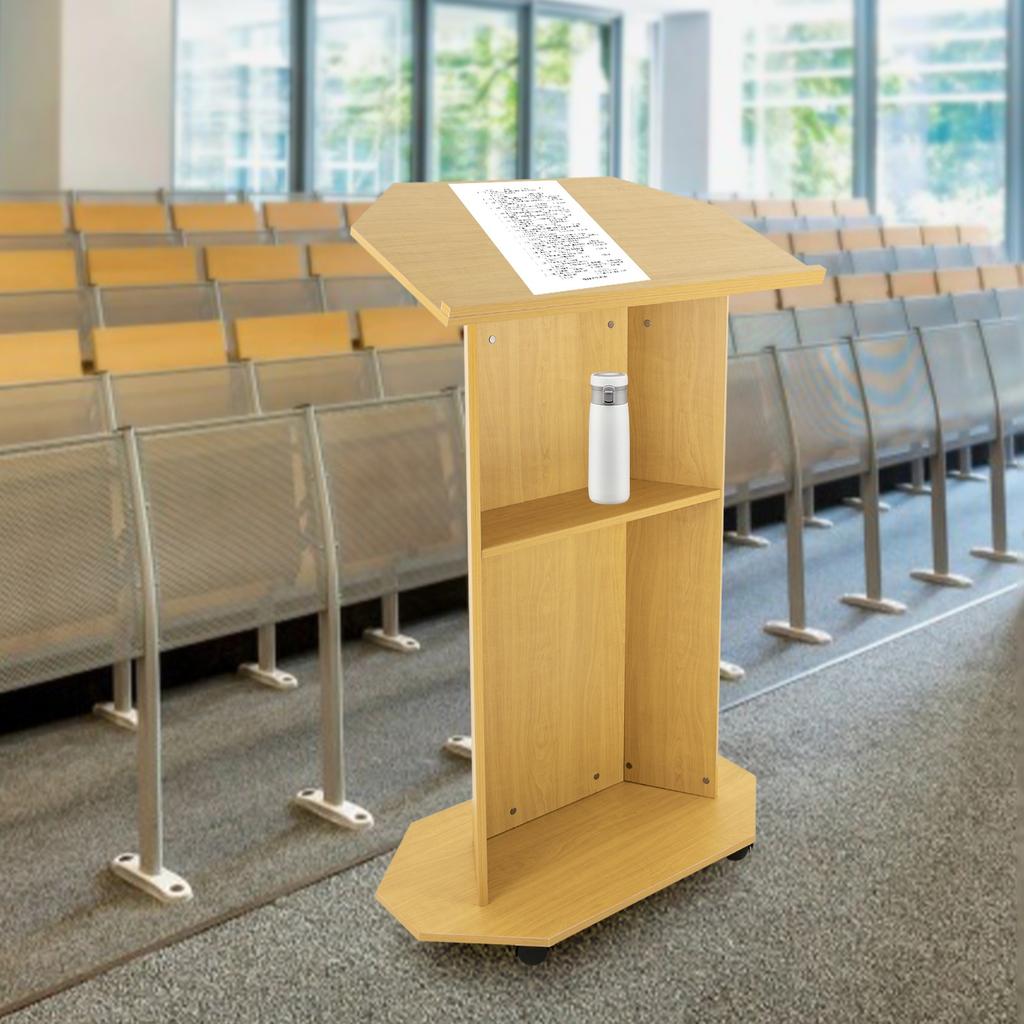Modern Oak-Colored Wooden Lectern, Adjustable Presentation Stand for Classroom, Mobile Podium with Wheels, 30kg Load Capacity