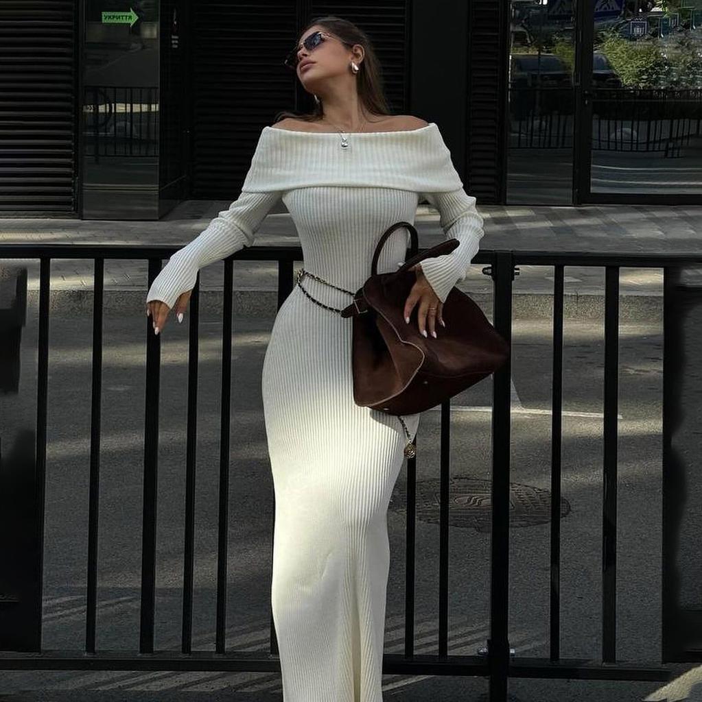 Off Shoulder Casual Dress Knitwear Maxi Dress Female Slim Elegant Fashion Autumn 2025 Ribbed Knit Dress For Women Long Dress