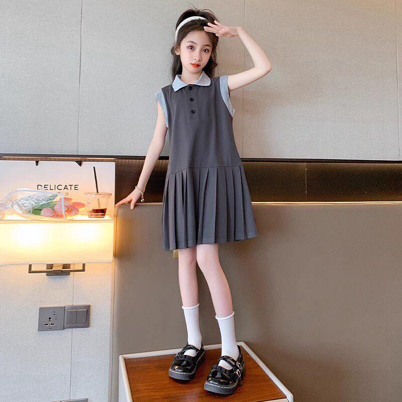 Girls Summer Preppy Polo Collar Sleeveless Pleated Dress Middle Big Kids Casual Vest Skirt 120