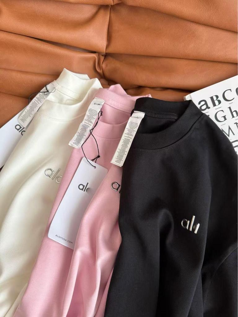 Aloyoga Damen Candy-Farbe Rundhals Locker Geschnitten Kurzarm T-Shirt