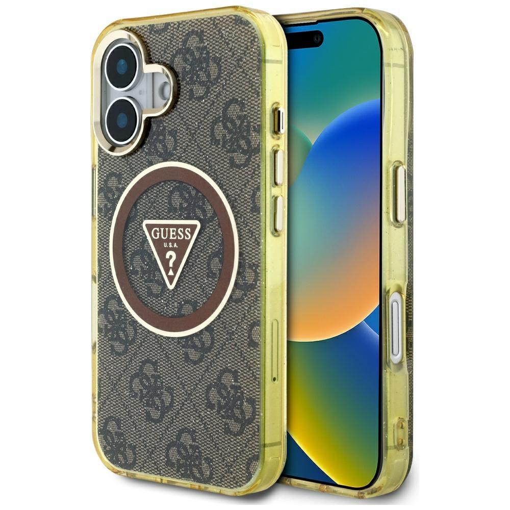 Guess IML Metal Glitter 4G Circle Triangle MagSafe case for iPhone 16 brown