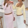 Women Sexy European Style Lace Long Sleeve Solid Color Slim Fit Pullover Top