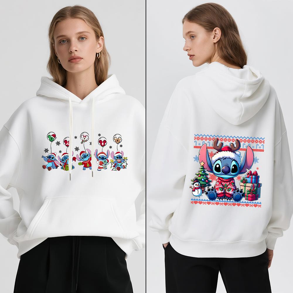 Disney Stitch Christmas Print Women Fleece Hoodie Winter Warm Pullover Casual Holiday Travel Party Outfit Soft Cozy Sweatshirt