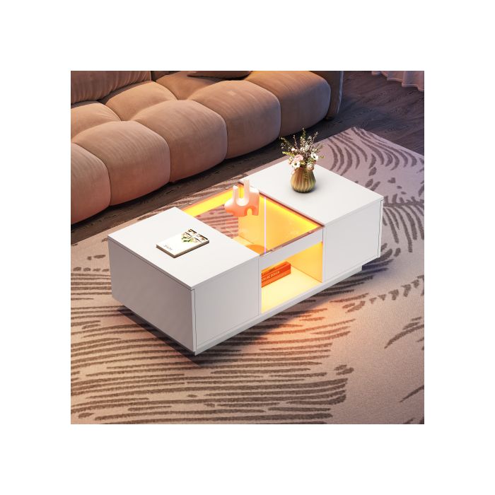 Table basse blanche 100x50x35,5 cm - avec couvercle en verre, éclairage LED, 2 tiroirs et 1 compartiment ouvert