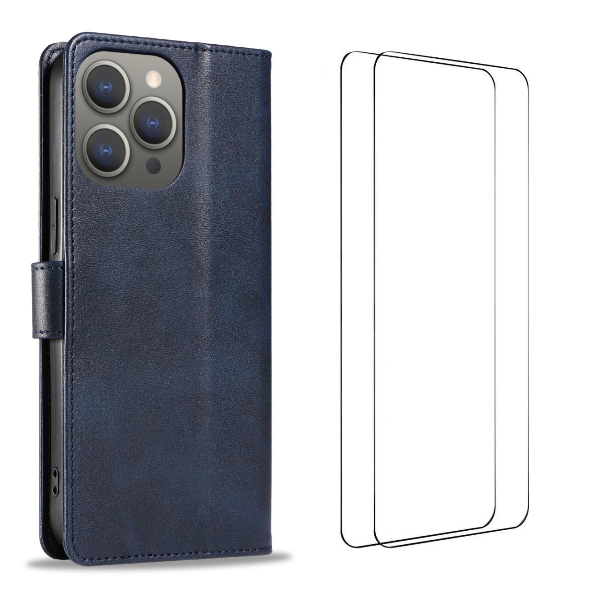 

For iPhone 15 Pro Max Case with 2Pcs Tempered Glass WANLONFENG WN Series Calf Texture Leather Phone Cover Big Cutouts Sapphire