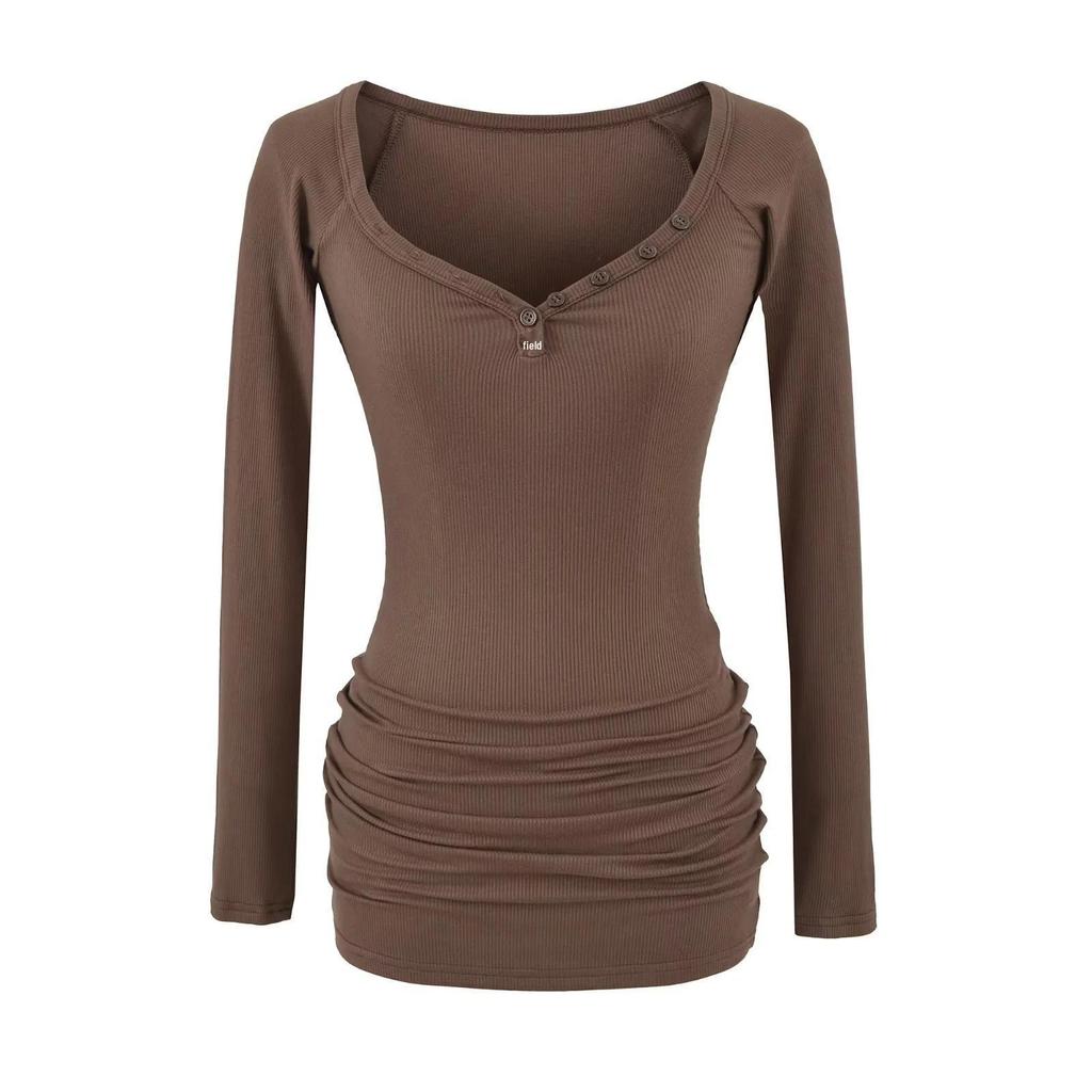 Women's Spicy American Sweetheart Neck Long Sleeve Button Bodycon Dress for Spring/Autumn