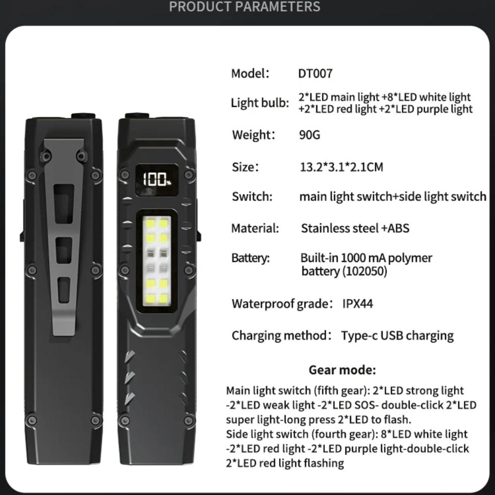 Portable EDC Flashlight 800 Lumens USB Rechargeable LED Flashlight Waterproof Led COB Work Light for Camping Emergency