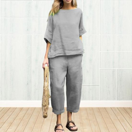 

Комплект из 2 шт./компл., блузка и брюки, топ с круглым вырезом и половиной рукавов, свободные брюки с эластичной резинкой на талии, повседневная домашняя одежда для поездок на работу, наряд M серый