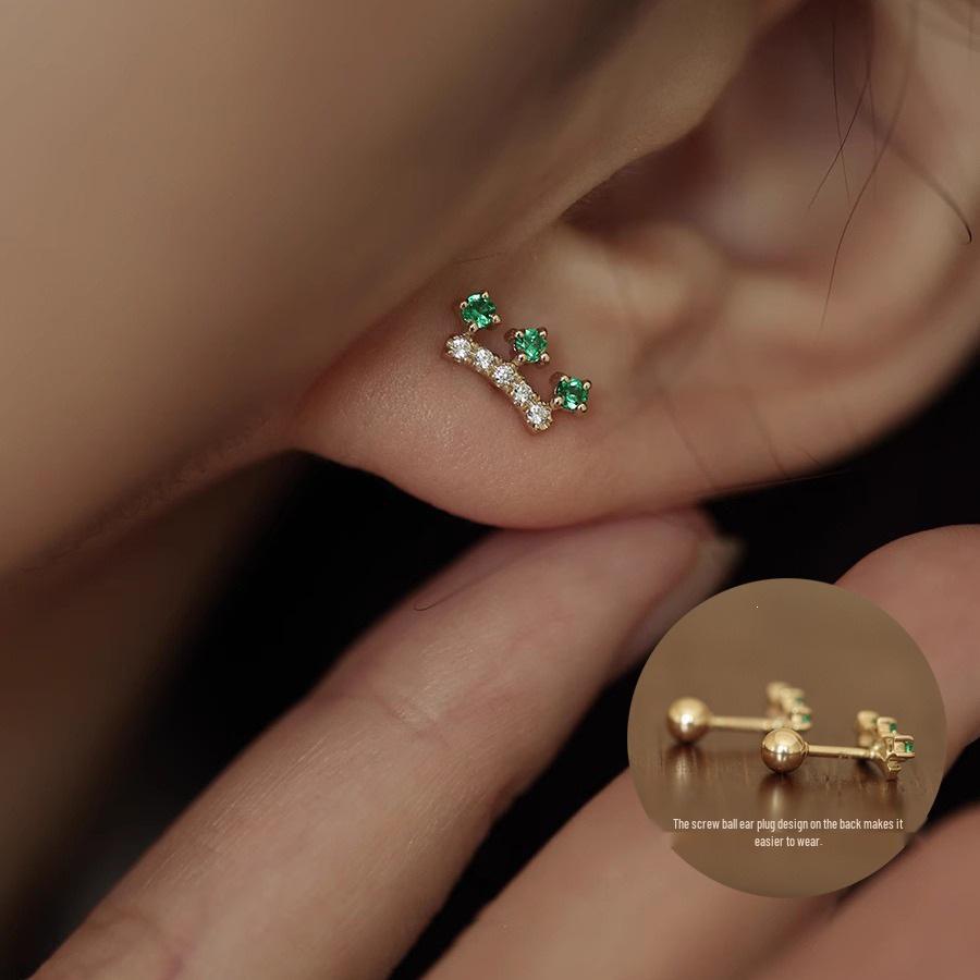 Little Crown S925 Sterling Silver 14K Gold-Plated Emerald Zircon Screw Back Stud Earrings 14K Gold Pair (with Screw Backs)