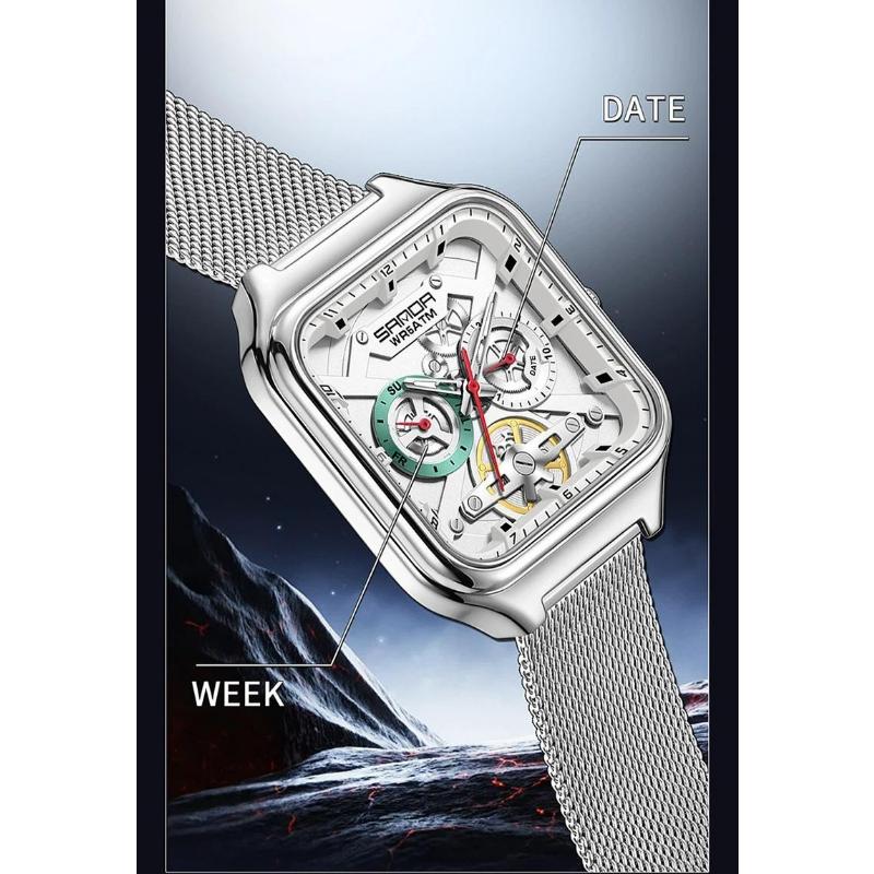 Luxury Men's Quartz Watch Fashion Square Case Week Date Display Waterproof with Silicone/Mesh Band Casual Wristwatch for Men