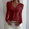 Women's Fashionable Casual V-neck Lace-Trimmed Striped Cardigan T-shirt Long-Sleeved Top