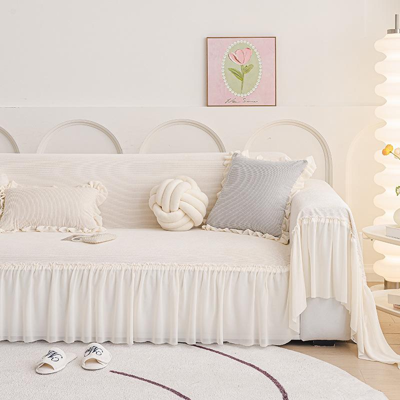 Cream Style Sofa Throw, Full Coverage All-Season Lace Skirt Sofa Cover, Universal Full Package Blanket