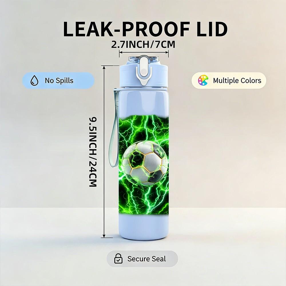 1PC Green Lightning Soccer Ball Print 750ml Color Plastic Sports Water Bottle Leakproof Flip Straw Lid Suitable for Sports Office Home Use