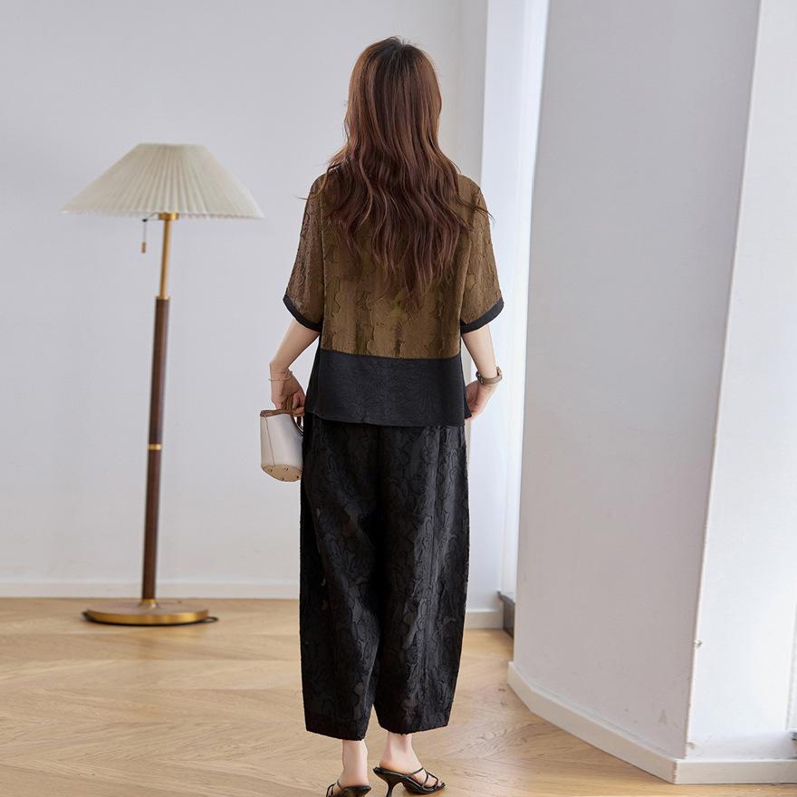 Light luxury, wide and too temperament set, women's  clothing color matching short-sleeved top, radish wide-leg pants two-piece set
