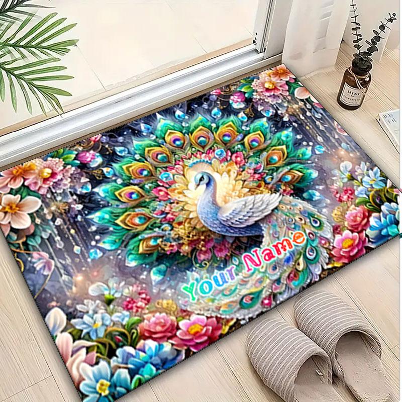 1PC Custom Name "Colorful Peacock Floral Fantasy" Theme Floor Mat Ideal for Living Room, Game Rooms, Office, Bedroom,Floor Mat Playful Design