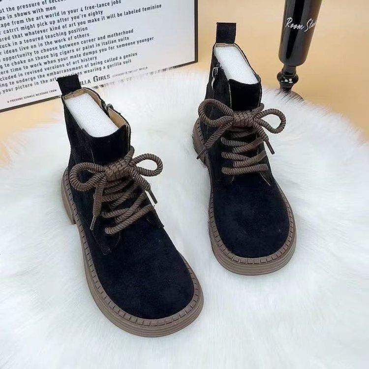 Martin boots women's flat bottom 2025 new autumn and winter British style lace-up retro short boots thick-soled heightening velvet matte boots