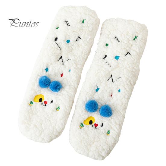 1 Pair Winter Floor Socks Cartoon Design Animal Embroidery Ultra Thick Fleece Keep Warm Mid-tube Non-slip Slipper Socks