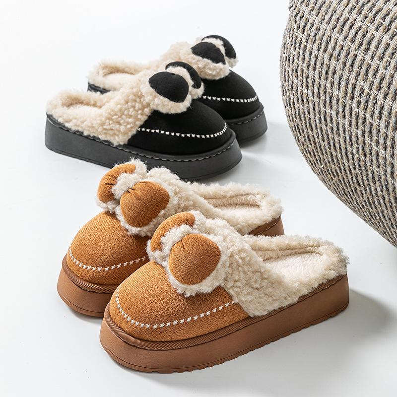 Cotton slippers home autumn and winter three-dimensional bow design multi-color versatile can be worn outside cotton mop thick bottom warm hair mop