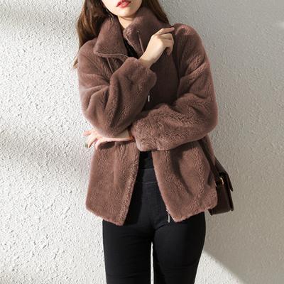 Lady Winter Coat Stand Collar Neck Protection Double-sided Thicken Plush Solid Color Long Sleeves Zipper Closure Cardigan Daily Commute Travel Jacket