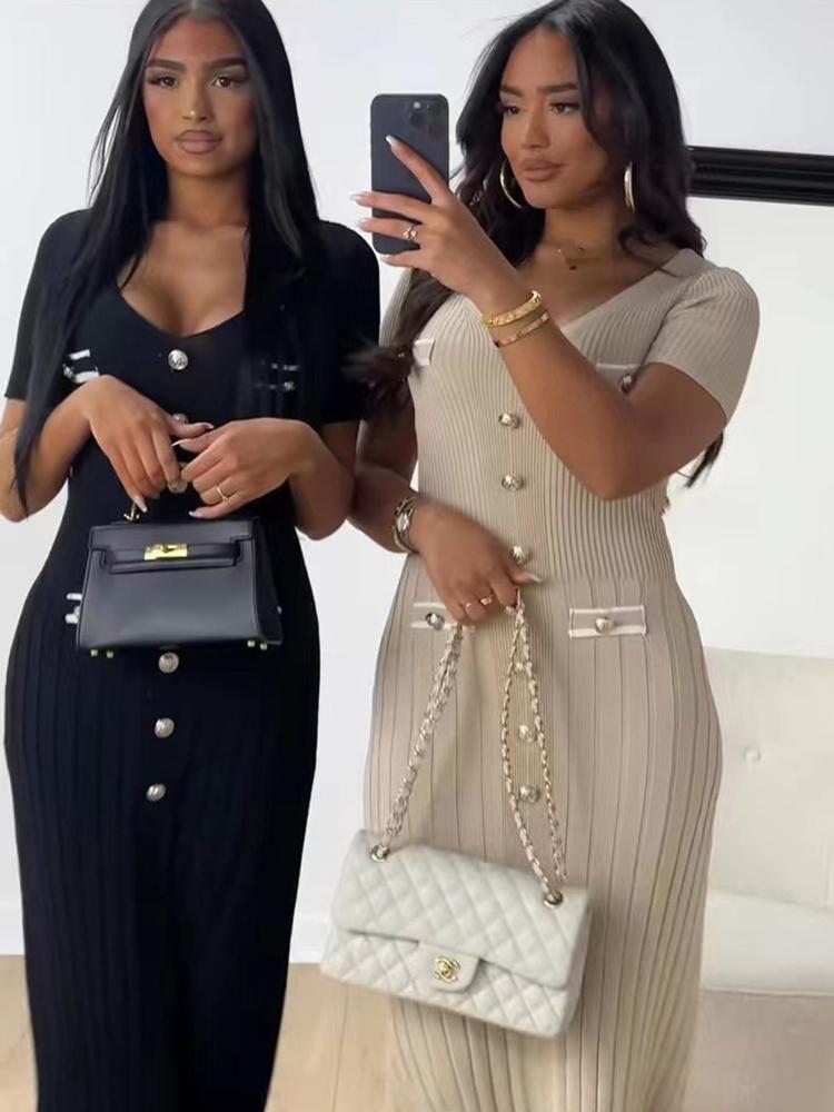 Elegantní jednobarevné pletené dlouhé šaty s výstřihem do V Dámské léto Vintage Knoflíky s krátkým rukávem Štíhlé šaty Módní elegantní elastické kapsy Office Lady