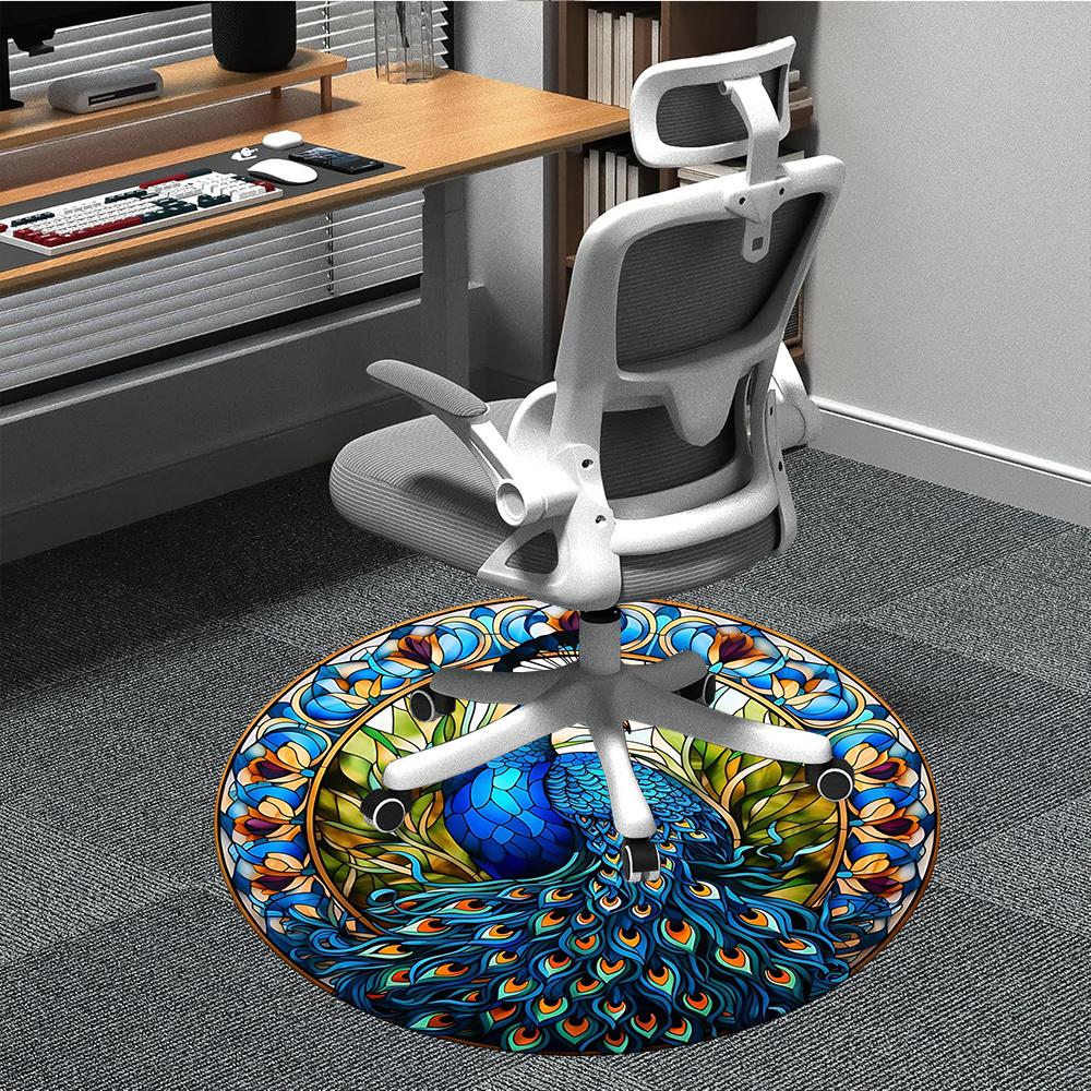 1pc Peacock StainedGlass Office Round Area Rug, Indoor Mat Suitable For Office, Under Office Chairs Bedroom Living Room Home Decor, Room Deco 015