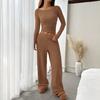 Women's 2 Piece Boat Neck Long Sleeve Outfits Fall Casual Ribbed Top Wide Leg Pants