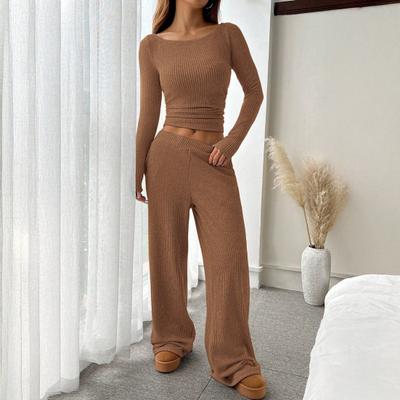 Women's 2 Piece Outfits Fall Casual Boat Neck Long Sleeve Ribbed Top Wide Leg Pants Matching Lounge Set