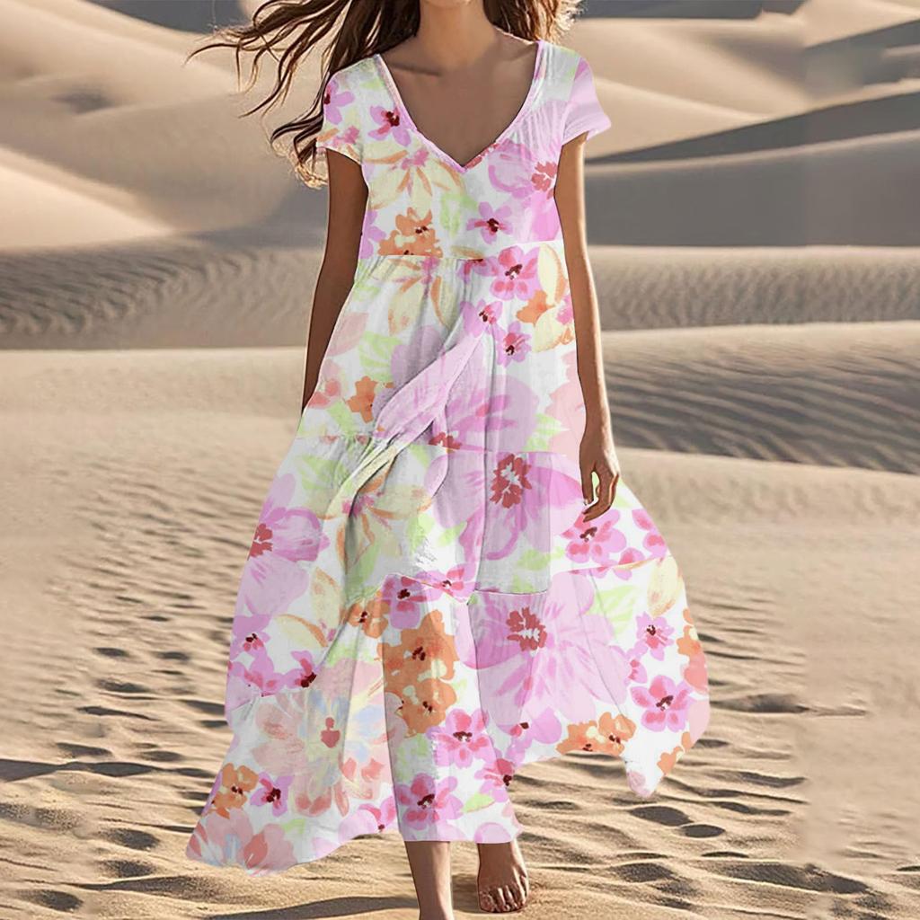 Women's Summer Fashion V-Neck Beach Long Short Sleeve Floral Printed Dresses