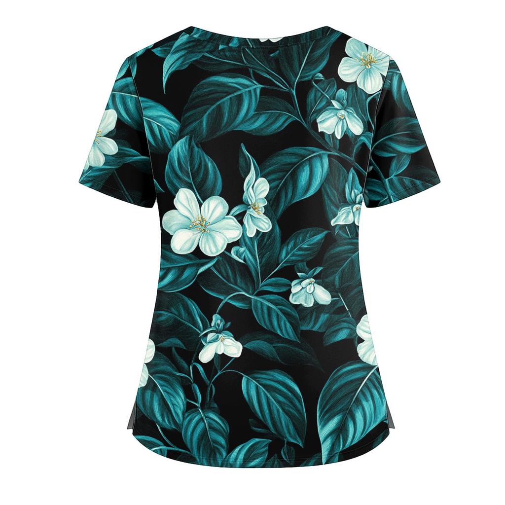 Damen Casual Bedrucktes V-Ausschnitt Taschen Seitennaht Schlitz Kurzarm Top