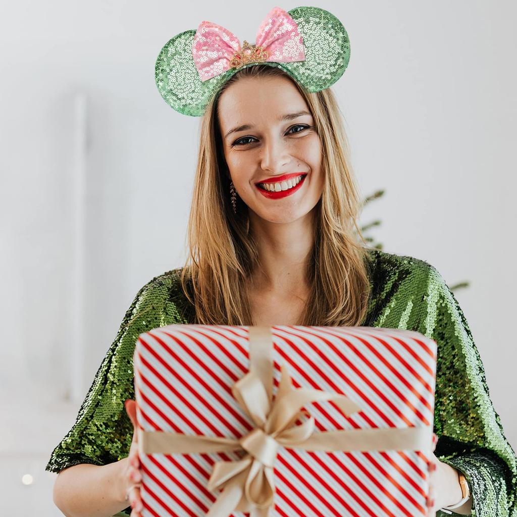 RAZKO Mouse Ear Headband, Sequined Green Mouse Ear Hairband, Animal Ear Headband for Women and Girls, Hair Accessories (Green Crown, Size L)