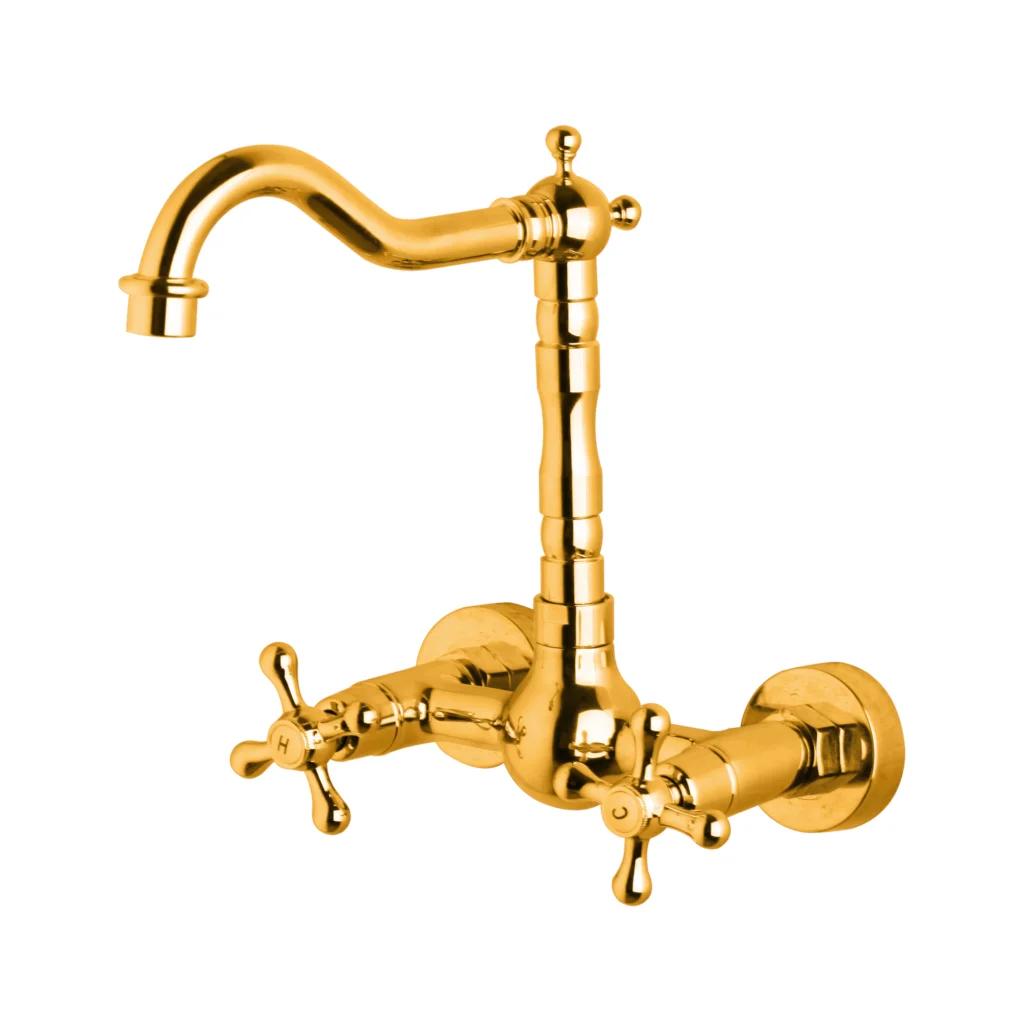 KEMAIDI Antique Brass Bathroom Basin Sink Faucet Tap Dual Handles Wall Mounted Hot Cold Water Mixer Tap 360 Swivel Spout Faucets
