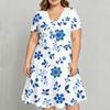 Women Plus Size Two Piece Dress Set Floral Printed V Neck Short Sleeve Tie Front Shrug Strappy Flared Dress White Blue