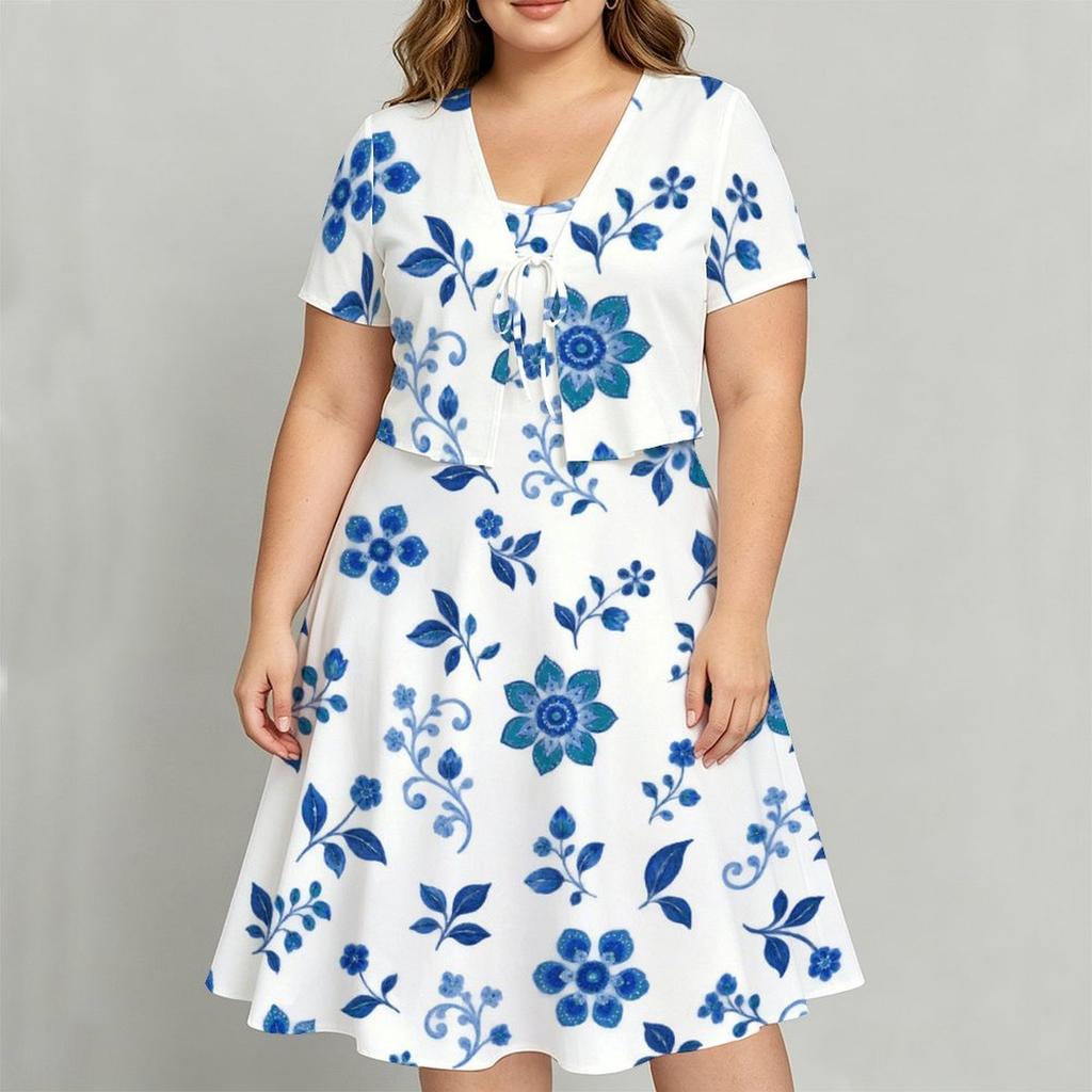 Women Plus Size Two Piece Dress Set Floral Printed V Neck Short Sleeve Tie Front Shrug Strappy Flared Dress White Blue