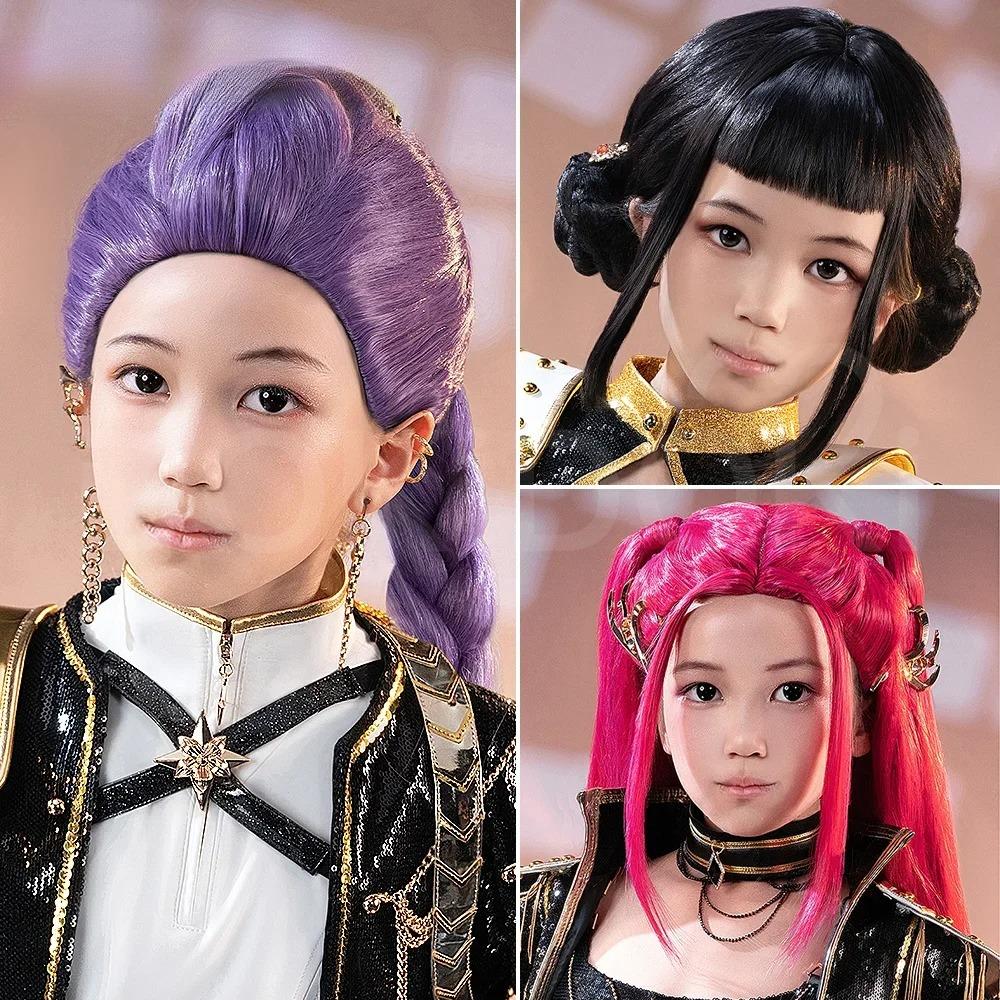 Kids Girls Cosplay Wig Mira Rumi Zoey Kpop Demon Hunters Purple Black Red Long Hair Halloween Cosplay Props-Children Version