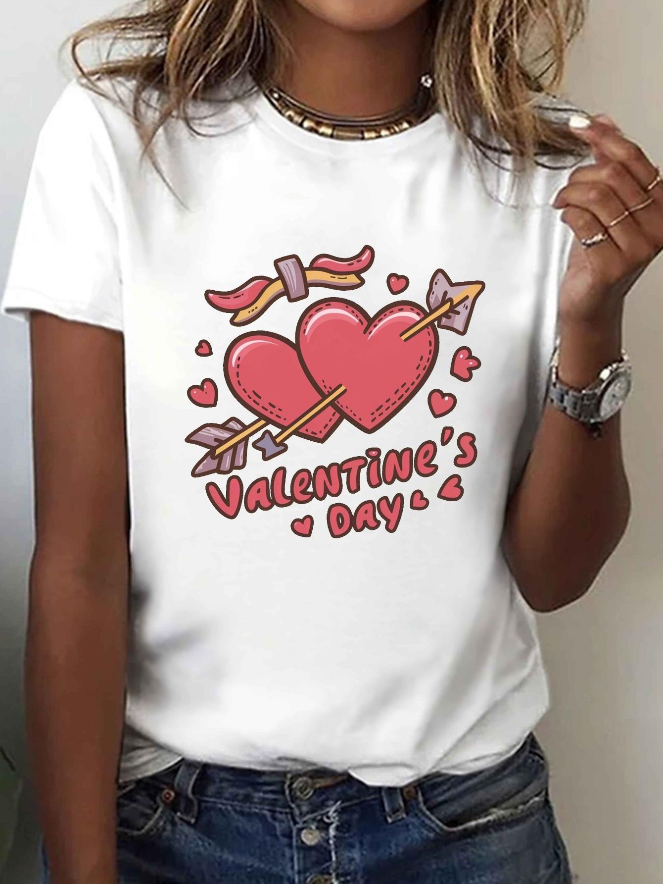 

Womens Valentines Day Tshirt Cute Pink and Red Heart Graffiti with Short Sleeve Round Neck Casual Top for Summer Clothing S