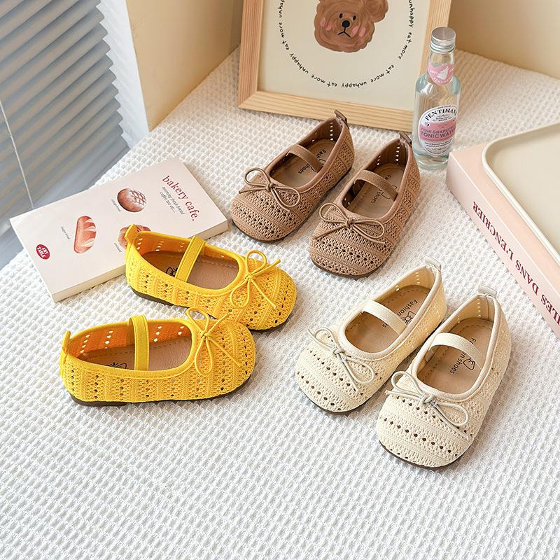 One-word belt woven bag head mesh shoes 2025 summer new Korean version of girls bow princess shoes with skirt sandals