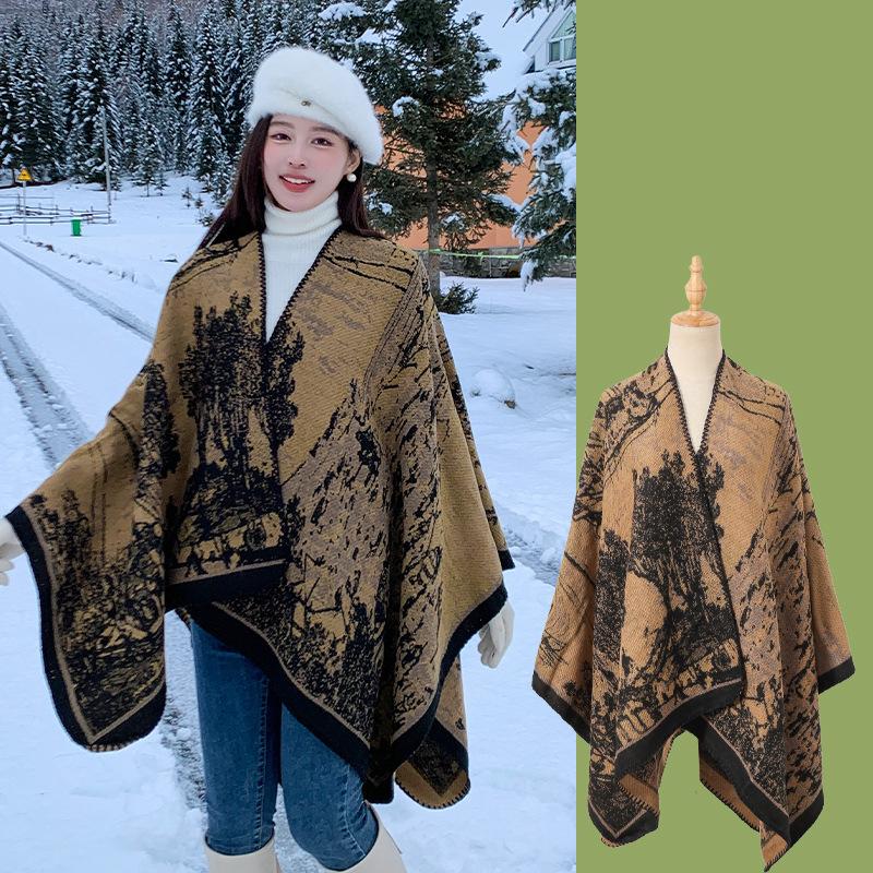 Mantella Poncho Aperta Davanti con Stampa Paesaggistica Lavorazione a Maglia Spessa Calda Coperta da Viaggio Sciarpa Avvolgente