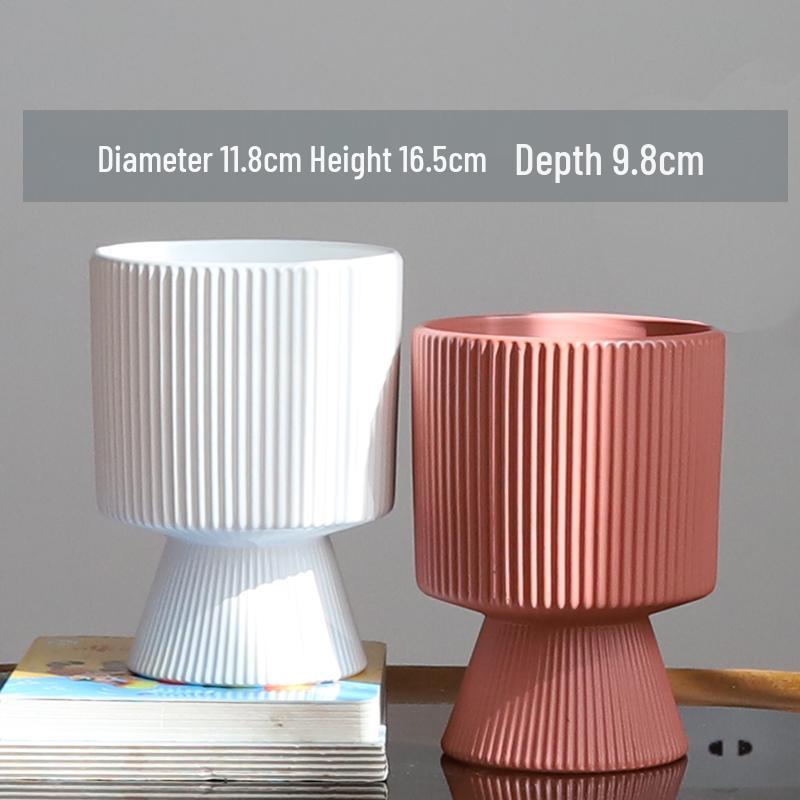 Nordic Ceramic Flower Pot with Tray - High-Footed Vertical Stripes for Indoor/ Balcony, Ideal for Pothos and Orchids.