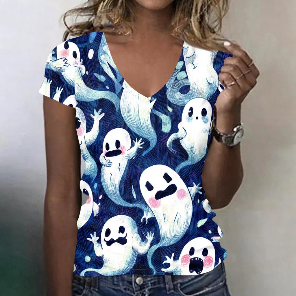Women's V-Neck Halloween Print Lightweight Blouse for Spring and Summer