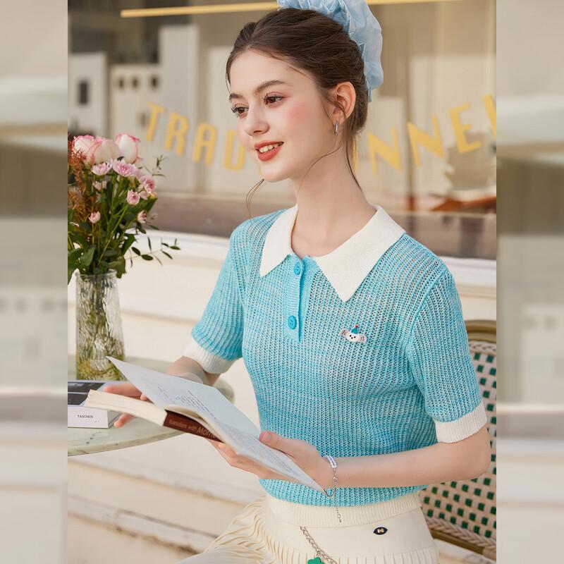 French Style Bear Brooch Short Sleeve Knit Top M