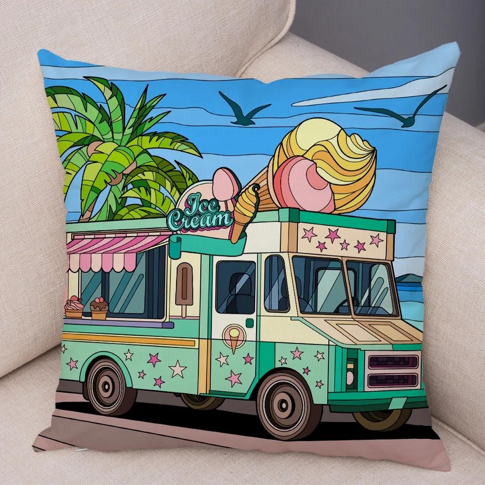Both Sides Pillow Case Decor Happy Camper Cartoon House Travel Car Cushion Cover for Sofa Home Super Soft Plush Pillowcase