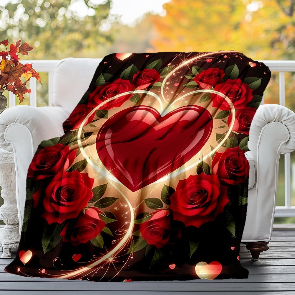 1pc heart roses Outdoor Flannel Blanket Soft Warm All-Season Throw for Sofa Bed Car Camping Office, Cozy Gift Idea1242S