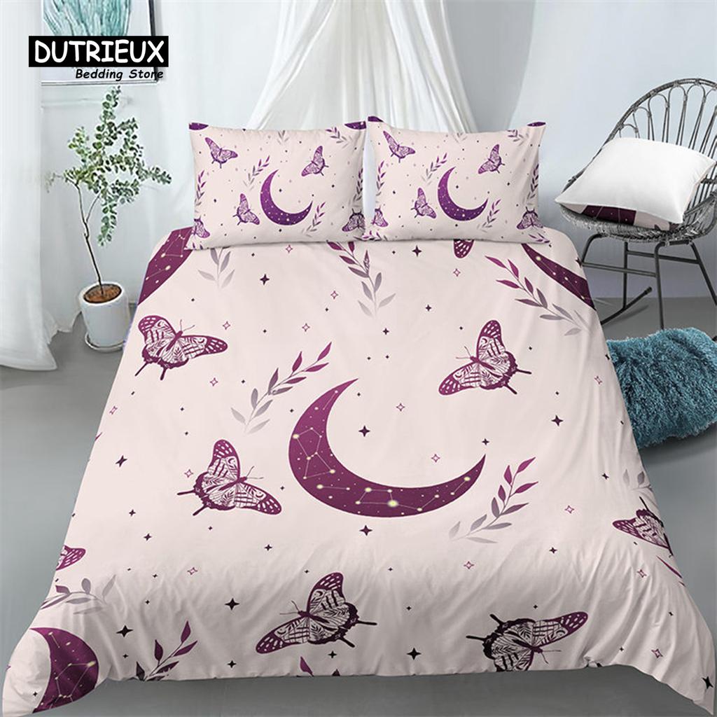 Chic Sun And Moon Duvet Cover 3D Floral Comforter Cover Bohemia Psychedelic Butterfly Bedding Set King Full For Kids Boys Girls