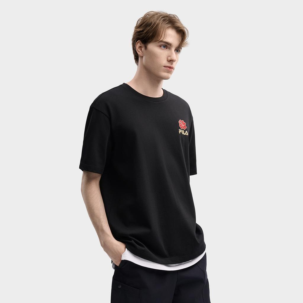 Fila Original Peony T Fashion Simple Classic Retro Casual Sports Comfortable Knitted Loose Short Sleeve T-Shirt Unisex T-Shirts Black F51U619101FBK