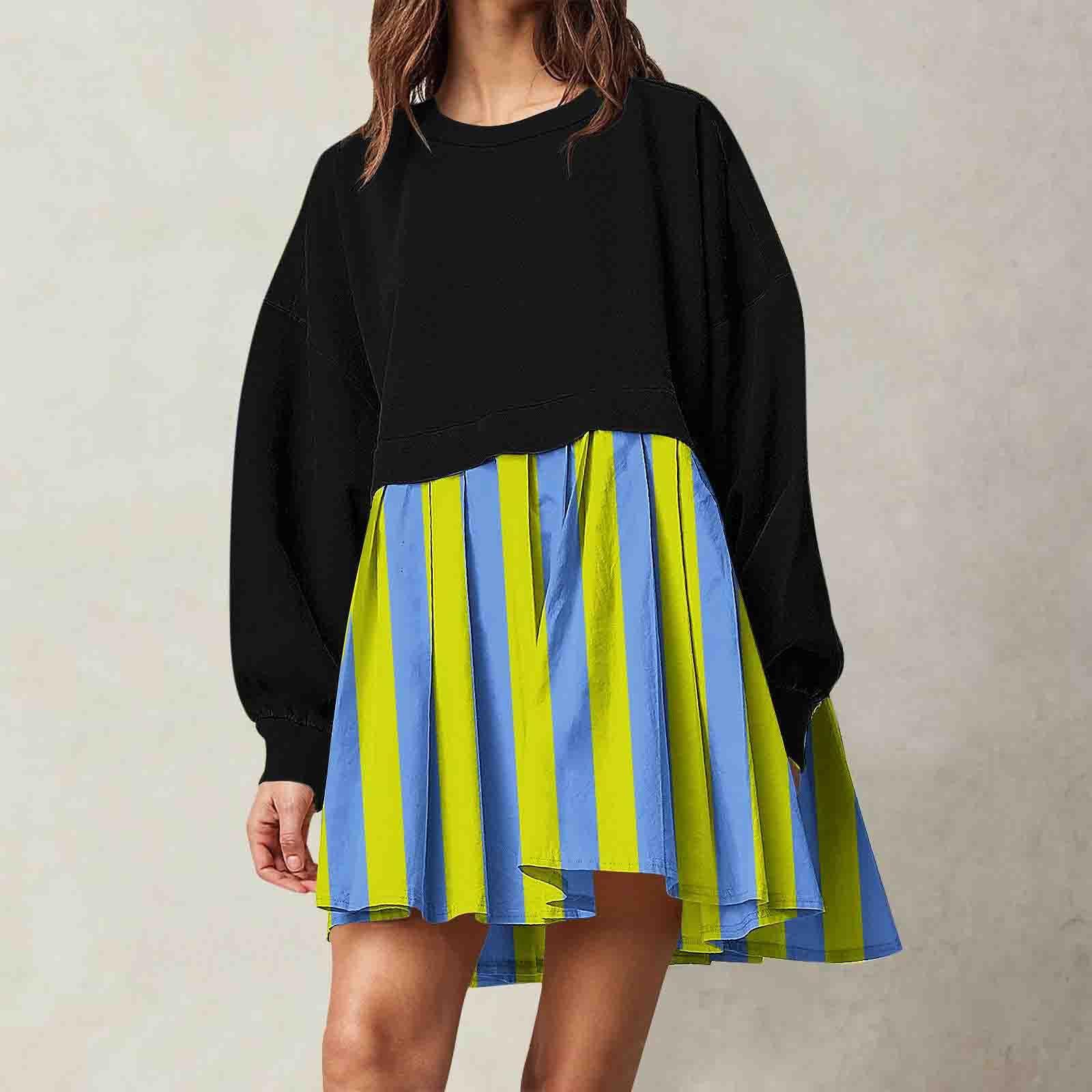 

Женская мода повседневная круглая горловина длинный рукав пэчворк пуловер свитшот принтованные платья XS жёлтый